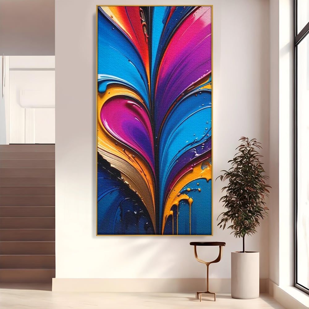 Tablou canvas cu pictura abstracta cu valuri colorate, in rama de aluminiu auriu